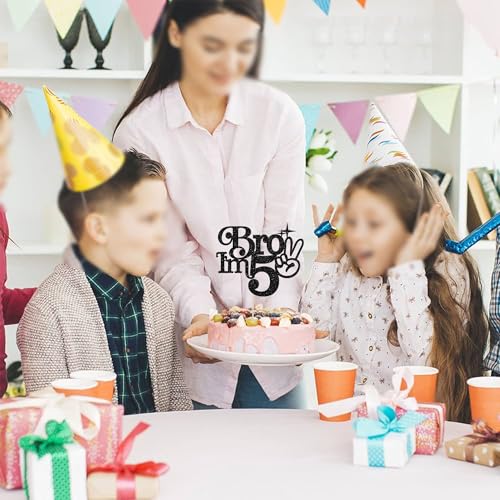 Gyufise 1Pc Brother I'm 5 Cake Topper Glitter Happy 5th Birthday Cake Pick Bro I'm 5 Cake Decoration It's My 5th Birthday Decorations for Boys Cheers to 5 Years Old Birthday Party Supplies Black - Image 3