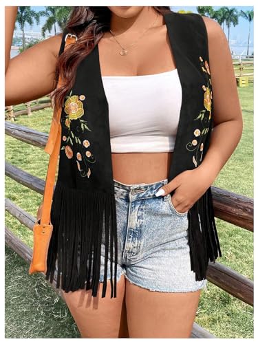 Verdusa Women's Plus Size Fringe Floral Embroidery Sleeveless Vest Cardigan Tassel Jacket4