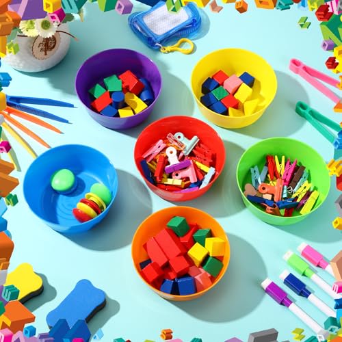 Image of VioraWhite 12 Pcs Sorting Bowls with Tweezers, 6 Color Counting Toy Develops Fine Motor Skills, STEM Early Math Activity Set for Preschool Kids, Ideal for Back to School Learning