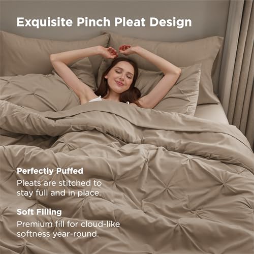 Image of Bedsure Full Size Comforter Sets Khaki - Bed in a Bag Full Size Bedding Set 7 PCS, GentleSoft Pintuck Bed Set Gift for Family, All Season Down Alternative Comforter with Sheets, Pillowcases & Shams