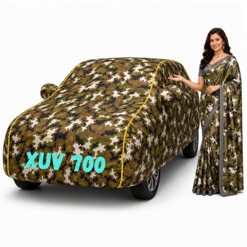 Image of Waterproof Car Body Cover for Xuv 700 All Weather Protection Comes with Inner Cotton Lining & Triple Stitched with Mirror & Antenna Pocket Belt & Elastic Fit Army with Yellow Piping