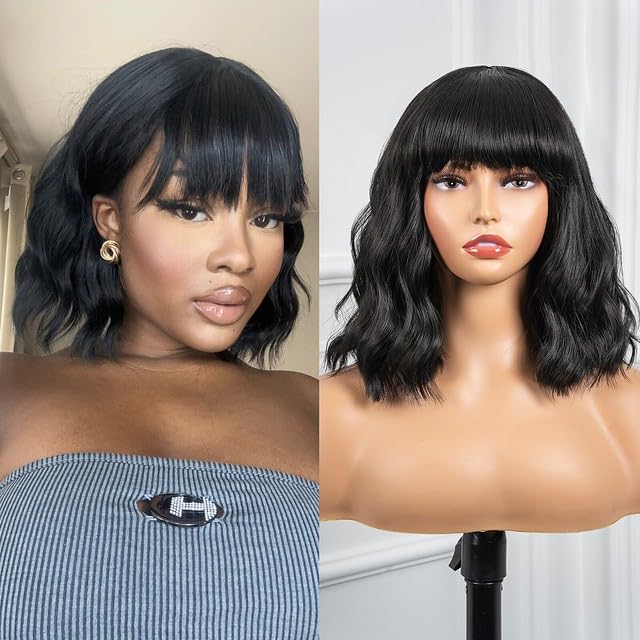GIX Short Wavy Bob Wigs With Bangs 10 Inch Synthetic