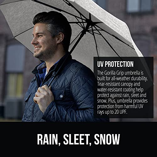 Image of GORILLA GRIP Compact Travel Size Umbrella for Rain, Sleek Design Fits Backpack, Purse and Carry On, Lightweight Under 1lb, One Click Open and Close, Wind Resistant, Durable Waterproof Quick Dry, Gray