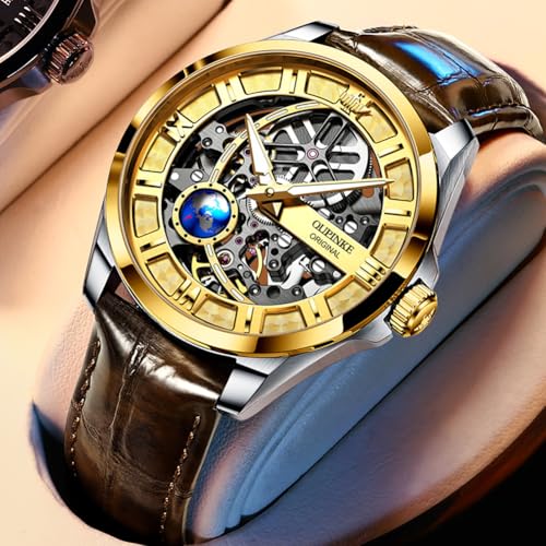 Image of OUPINKE Skeleton Mens Automatic Watches Mechanical Luxury Dress Leather Self Winding Waterproof 50M /5ATM Luminous Watches for Men