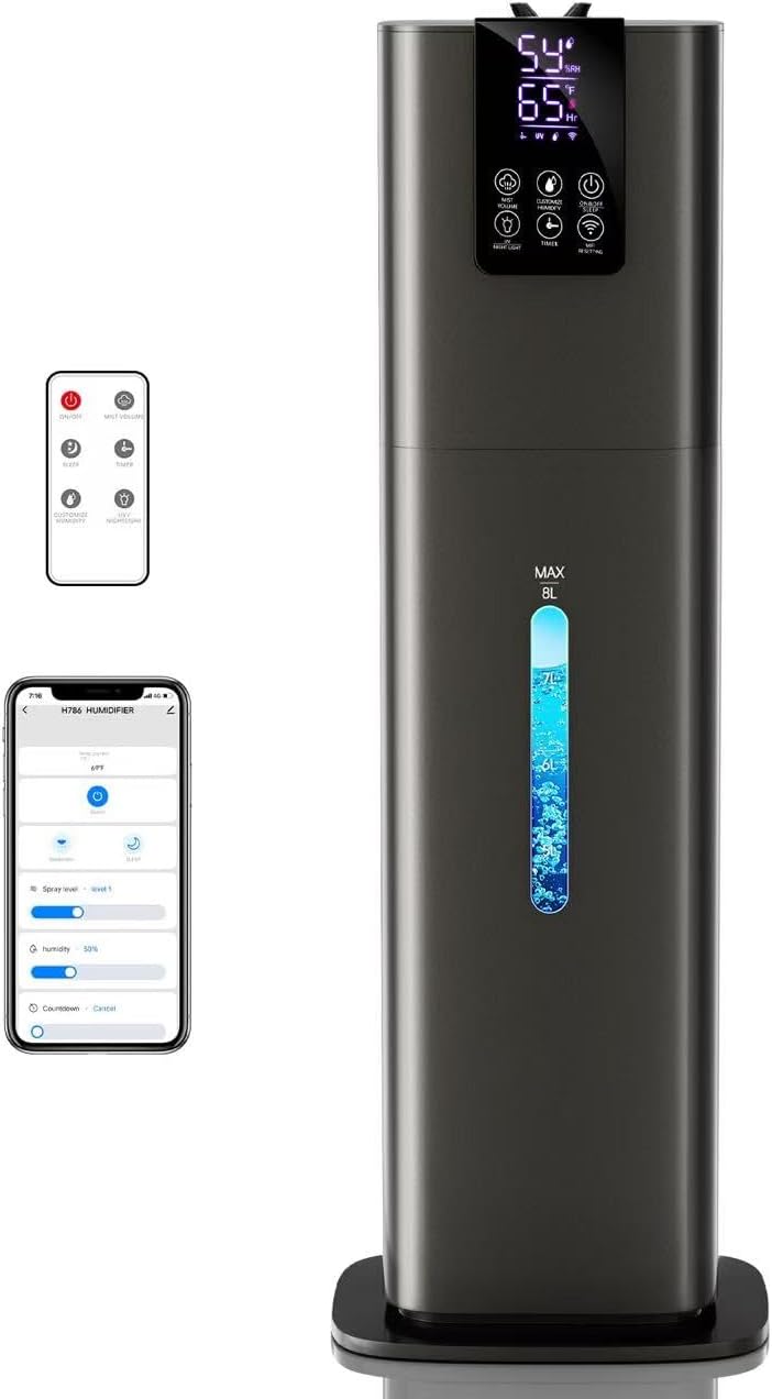 8L Smart Humidifier for Large Room Bedroom, Cover up to 505ft², Easy Top Fill, Remote & APP Control, Aroma Box, RGB Light, Last 48 Hours Suitable for Indoor Plant, Office, Home