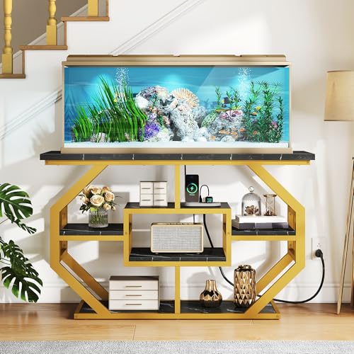 DWVO 55-75 Gallon Aquarium Stand with Power Outlet, Display Stand for Turtle Tank, Reptile Terrarium, Metal Fish Tank Stand Suitable for Living Room, Entryway, 860LBS Capacity, Black & Gold