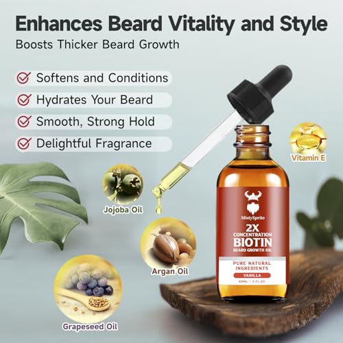 Image of Beard Growth Oil - 2X Concentration Biotin for Men (2 oz) - Natural With Argan, Jojoba and Vitamin, Growth Softener, Moisturizer (Vanilla)