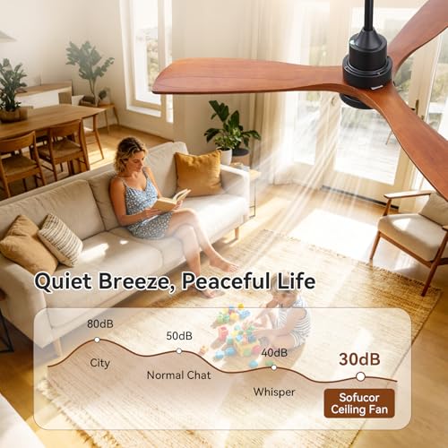 Image of Sofucor 52 Inch Solid Wood Ceiling Fans With Lights, Low Profile Ceiling Fan with Light and Remote, Reversible Quiet DC Motor, Indoor /Outdoor 3 Blade Ceiling Fan Light for Bedroom Farmhouse Patio
