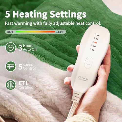 Heated Blanket Electric Blanket Throw 50”X60”-Heating Throw with 5 Heat Settings-3 Hours Auto Off,ETL Certified,Machine Washable (Emerald Green)