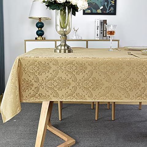 SASTYBALE Floral Damask Jacquard Table Cloth Rectangle, Waterproof & Dust Resistant Heavy Duty Table Cover for Dining, Party, Indoor, Outdoor, 52 x 70 Inch Gold Cover
