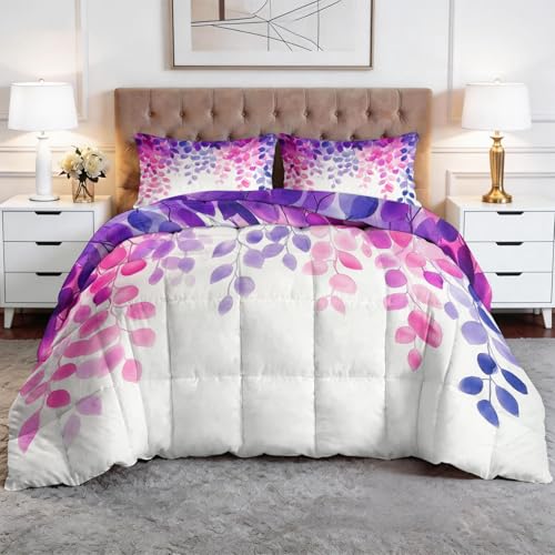 Genérico Edredón Nórdico 220 x 240 cm Campo Plantas Hojas Trapunta con Acolchado en Rombos, Microfibra Premium 4 Estaciones – Antiapelmazamiento, Set de Cama 3 Piezas, Rosa Púrpura