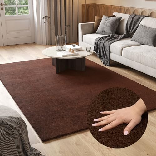 TAPISO Cuddle Teppich Hochflor Langflor Braun Dunkelbraun Shaggy Einfarbig rutschfest Waschbar...
