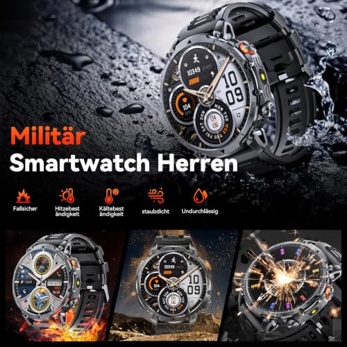 Militär Smartwatch Herren, 1400-mAh-Akku/2 Armbänder/Kompass/Taschenlampe – Ansicht 4