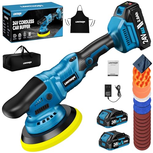 LDHTHOPI 23PCS Cordless Buffer Polisher Kit with 2×2.0Ah Battery & Charger, 10000RPM 1600W High Power Car Polisher with 6 Variable Speed, 17 Buffing Pads for Car Polishing Waxing Detailing