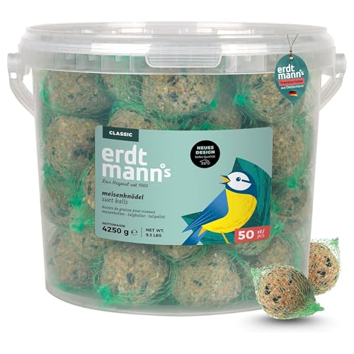 Erdtmanns 50 Meisenknödel mit Netz im Eimer 4,25 kg – Vogelfutter mit Getreideflocken & Sonnenblumenkernen – Ganzjahresfutter für Wildvögel – für Garten, Balkon & Bäume
