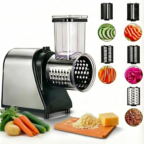 Coupe-Légumes Électrique 250W, Râpe Électrique 5 en 1 en Acier Inoxydable avec 5 Lames et Cheminée XL pour Légumes, Fruits, Fromage et Usage Quotidien