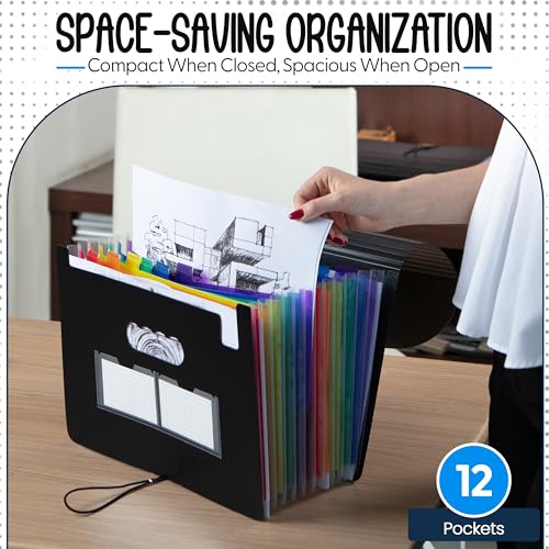 Essex Wares - 12 Pocket Expanding File Folder Organizer - 13.8" x 9.8" - Versatile Tax & Bill Organizer - Durable, Water-Resistant & Portable