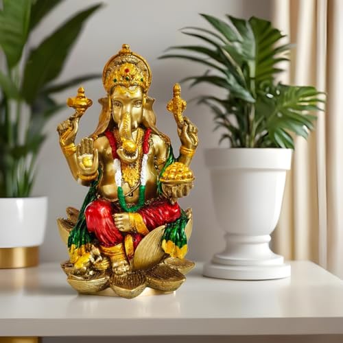 Image of YASHONIDHI Lord Ganesha Idol, 7 Inches, Gold and Maroon, Ganapati Murti, for Pooja Room, for Home Decor, Office Decoration, for Good Luck and Wealth, Gift for All Occasions