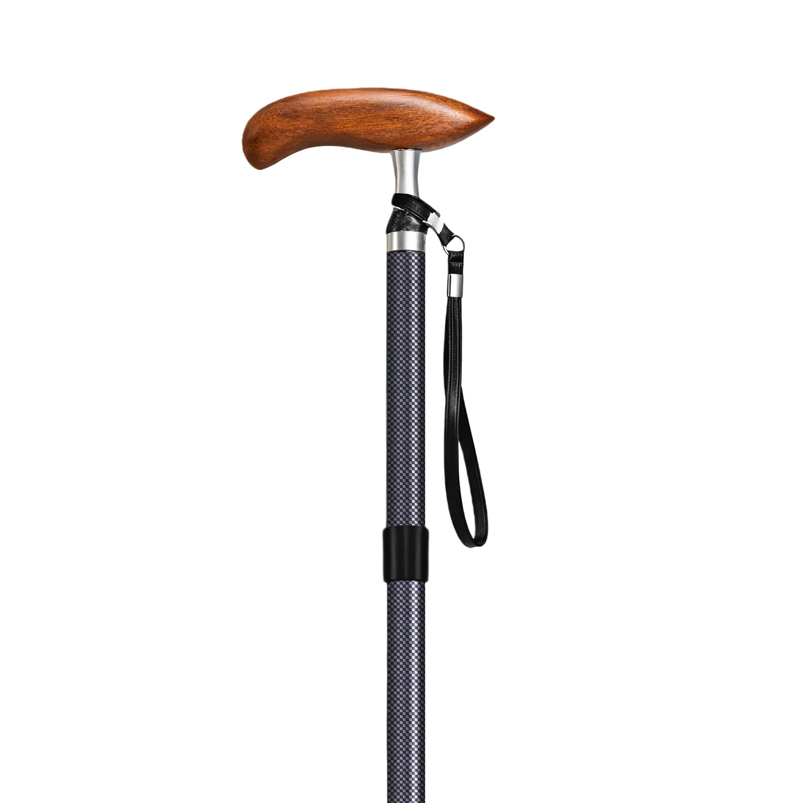 Premimax Carbon Fiber Folding Walking Cane for Men & Women, Lightweight Adjustable Travel Cane with Solid Wood Handle, Quad Tip & Carry Bag, Supports