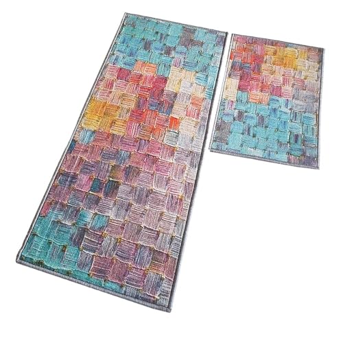 Image of Matz&More Abstract Art Deco Runner Mat Set, Multicolor Nylon, Non-Slip Rubber Back, Rectangular Kitchen Bathroom Rug, 50x120cm + 40x60cm, 2 Piece