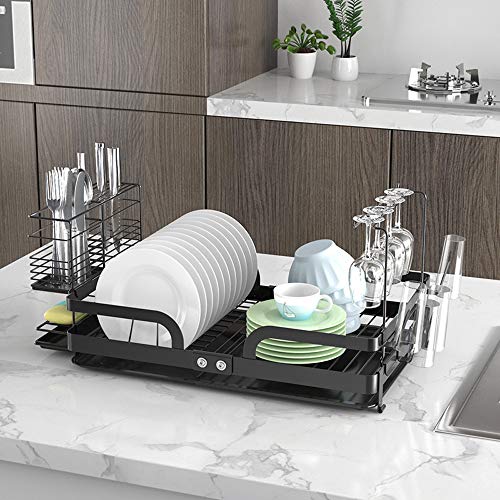 CozyBlock Steel Foldable Dish Drying Rack with Utensil, Cutlery Holder & Glass Hanger â€“ Rust Proof Kitchen Countertop Dish Rack with Extra Large Drainboard Set â€“ Bonus Drinkware Clips