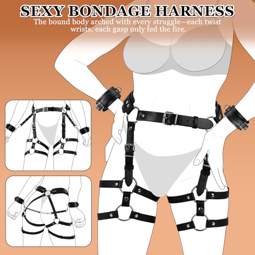 BDSM Bondage Taille Bein Harness Sex Fesseln Set, Leder Sexy Oberschenkel Harness für Frauen Sex, Verstellbaren Sexspielzeug mit Handschellen für Paare