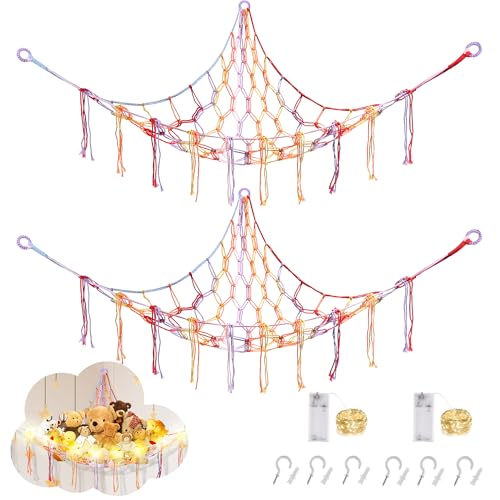 Image of CERETIA Stuffed Animal Hammock with LED Light, Large Stuffed Animals Storage Corner Plushie Net for Kids Room Decor, 2 Packs Rainbow