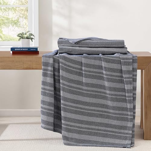 Image of Tommy Hilfiger - King Cotton Blanket, Fade Resistant Yarn-Dyed Cotton Bedding, Medium Weight Soft Blanket, Ideal for Layering, Oeko-TEX Certified (Harbor Stripe Navy)