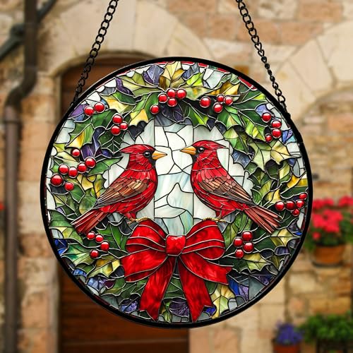 Image of DASTOLL Stained Glass Window Hanging - Cardinals Green Wreath Suncatcher for Doors Home Christmas Decoration Red Bird Sun Catcher Thanksgiving New Year Birthday Gift for Women Men Mom Nana 9.8 in