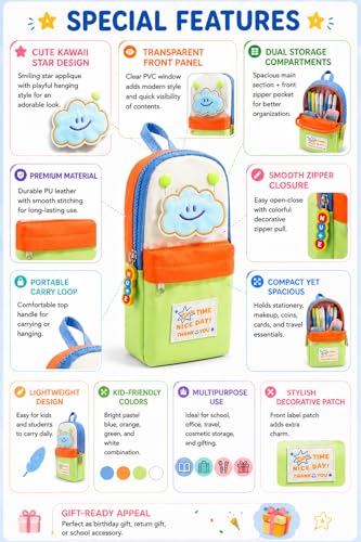 Image of Kawaii Cute Aesthetic Pencil Case for Students | Large Capacity Multi-Pocket Pencil Pouch with Zipper | Cartoon Stationery Organizer Bag for School, College & Office Supplies (Good Time - Green)