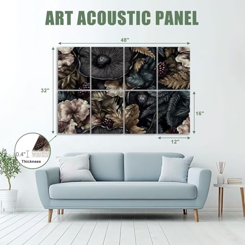Paneles acústicos artísticos absorventes de sonido 8 piezas 48"x32" decorativos en negro con diseño floral y setas miniatura 2