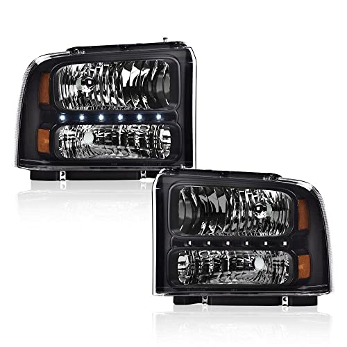 Image of GRAND ORANGE LED DRL Headlights Assembly, Compatible with 2005 2006 2007 Ford F250 F350 F450 F550 Super Duty bumper Headlamp, Amber Corner Headlight(Clear lens Black Housing Amber Reflector)