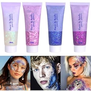 4 Colors Body Glitter Gel,Face Glitter Body Gel Singer Concerts Makeup,Sparkling Holographic Gel Long Lasting Chunky Sequins Glitter for Eye Lip Hair Nails,Festival Rave Accessories Halloween Makeup
