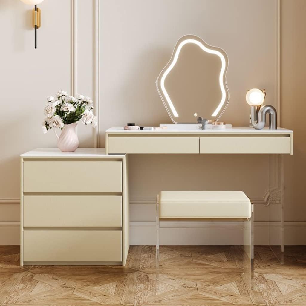 Platform Storage Dresser, 3-Drawer Chest for Bedroom, Simple Design Dresser, Telescopic Dressing Table Bucket Cabinet, Dresser and (Champagne Color 100) (Champagne Color 100)