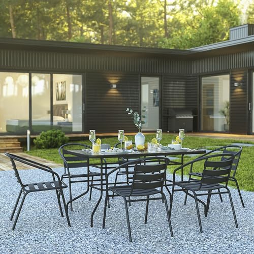 Flash Furniture Lila 7-Piece Glass Patio Table and Chairs Set, Outdoor Patio Dining Set with Rectangular Table and 6 Slat Back Patio Chairs, Black - Image 3