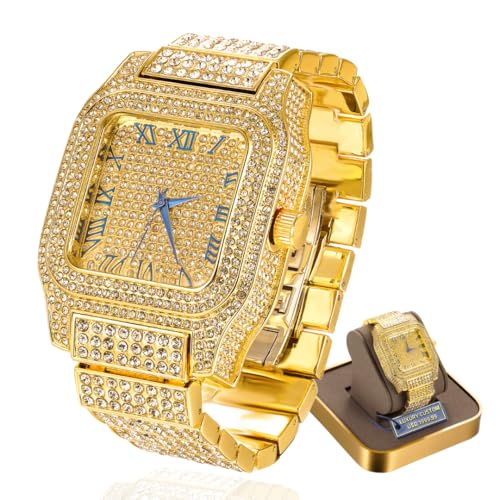 HALUKAKAH Diamante Premium Reloj de Oro para Hombre - Chapado en Oro Real 18k,Esfera Cuadrada Números Romanos,200G Hecho Pesado,3 Lados Iced out,Pulsera 24cm - Caja de Regalo Incluida