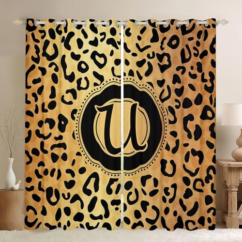 Homewish Cortinas de ventana de leopardo con líneas doradas y marrones de 52 x 90 pulgadas, juegos de 2 paneles, cortinas opacas con letras africanas con monograma, rayas de guepardo, cortinas en U