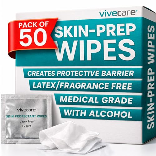 Vivecare Skin Prep Wipes (50 Count) Sterile Protective Skin Barrier & Alcohol Wipes for Adhesive Medical Skin Prep Pads to Create Barrier Film Between Skin & Attachment - for Ostomy IV & Adhesive