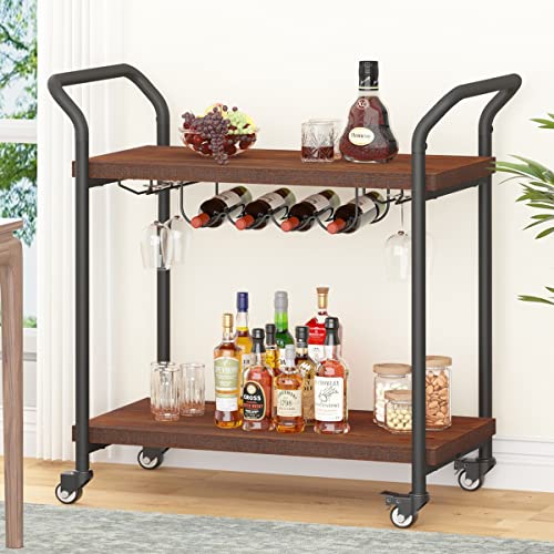 IBF Solid Wood Bar Cart, Natural Real Wood Rolling Cart, 2 Tier Modern