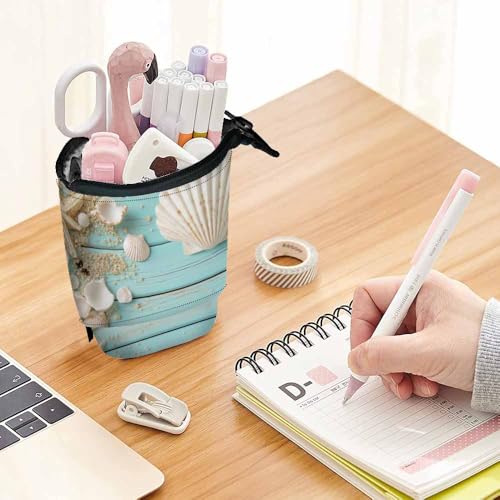 Image of Swono Seashells Pencil Holder Beach Ocean Starfish Wooden Nautical Border Stand Up Pencil Case Organizer Cosmetics Pouch For Women Men Turquoise