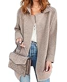 ECOWISH Women Open Front Cardigan: Fall Winter Long Sleeve Collared Midi Length Knit Sweater Casual Solid Coats with Pockets 410 Camel S