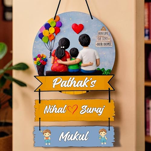 Image of P Arts Personalized Family Name Plate with 3D Illusion UV Print | Customized Wooden MDF Name Board for Indoor Home Entrance | Includes Self-Adhesive Sticky Hook for Easy Installation (Couple + 1 Boy)