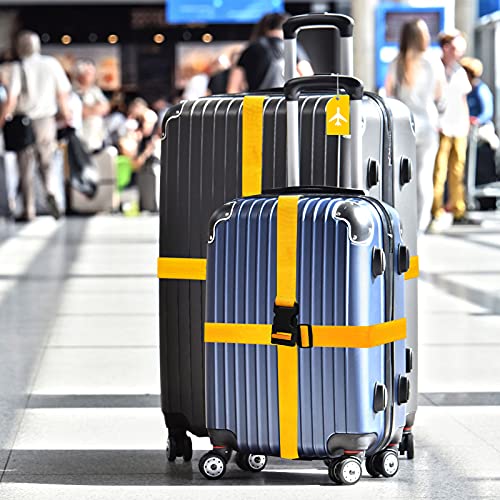 Image of Weewooday 8 Pcs Luggage Straps Suitcase Tags Set for TSA Approved, 4 Travel Adjustable Suitcase Belt, 4 Silicone Luggage Tags with Name ID Card Travel Accessories(Yellow,Airplane)