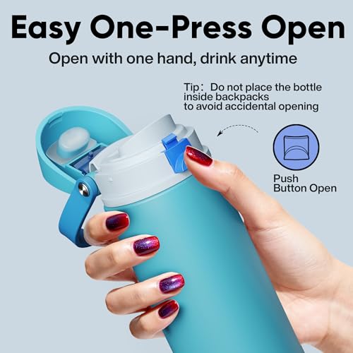 Image of Insulated Water Bottle with Straw - Encool Stainless Steel Water Bottle with Push Button Lid, Leak-Proof & BPA-Free, Keeps Cold for 24 Hours for Sports, Travel, Gym (18 oz, Silk Blue)