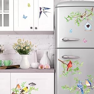 Yovkky Spring Summer Birds Branches Window Clings 4 Sheets Cardinal Bluebird Swallow Goldfinch Chickadee Robin Stickers Decals Decor Green Leaves Butterfly Birdhouse Home Kitchen Decorations
