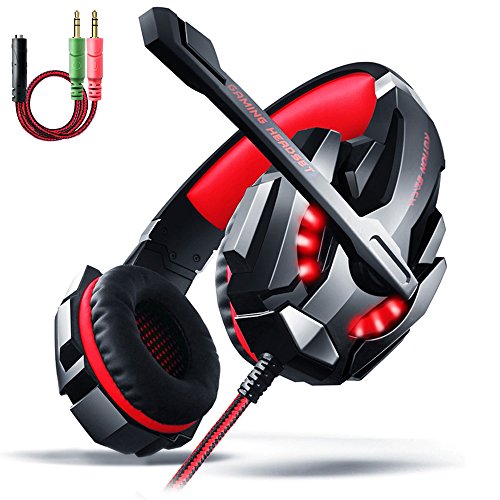 LED Gaming Headset  Surround Sound Gaming Headset, Professional Gaming Headset,Over Ear Gaming Headphone with Microphone Noise Isolating LED Light for PC Games PS4 and 3.5mm Audio Splitter - Red