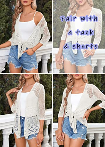 Image of Nulibenna Womens Sheer Shrug Sweaters 3 /4 Sleeve Open Front Tie Cardigan Bolero Jacket Lightweight Crochet Knit Cover Up Tops