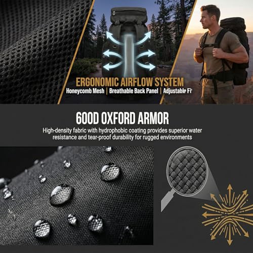 70L Hiking Backpack for Men, Waterproof Lightweight Camping Backpack, Military Rucksack with Molle, 3-Day Assault Pack for Travel, Climbing, Outdoor Sports(Black) - Image 6