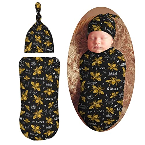 Image of Muishi Honey Bees Newborn Swaddle Blankets Hat Sets Soft Baby Receiving Blanket Swaddle Sack for Baby Shower Infant Boy Girl Gift