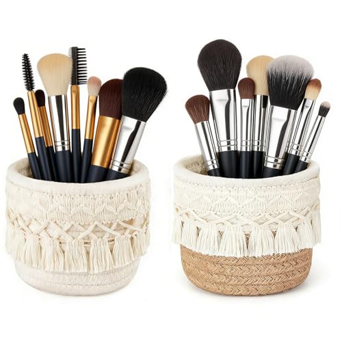 PINGANBUSU Macrame Makeup Brush Holder Organizer, Mini Storage Basket Set of 2 with Tassel, Boho Decor Woven Basket for Vanity Desk Bathroom Office, Cotton Rope Pen Pencil Cosmetic Organizer, Ivory